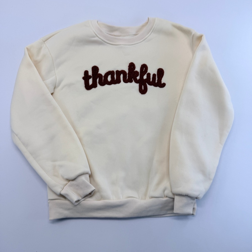Thankful Chenille Graphic Sweatshirt Cream Brown Fleece Lined Small